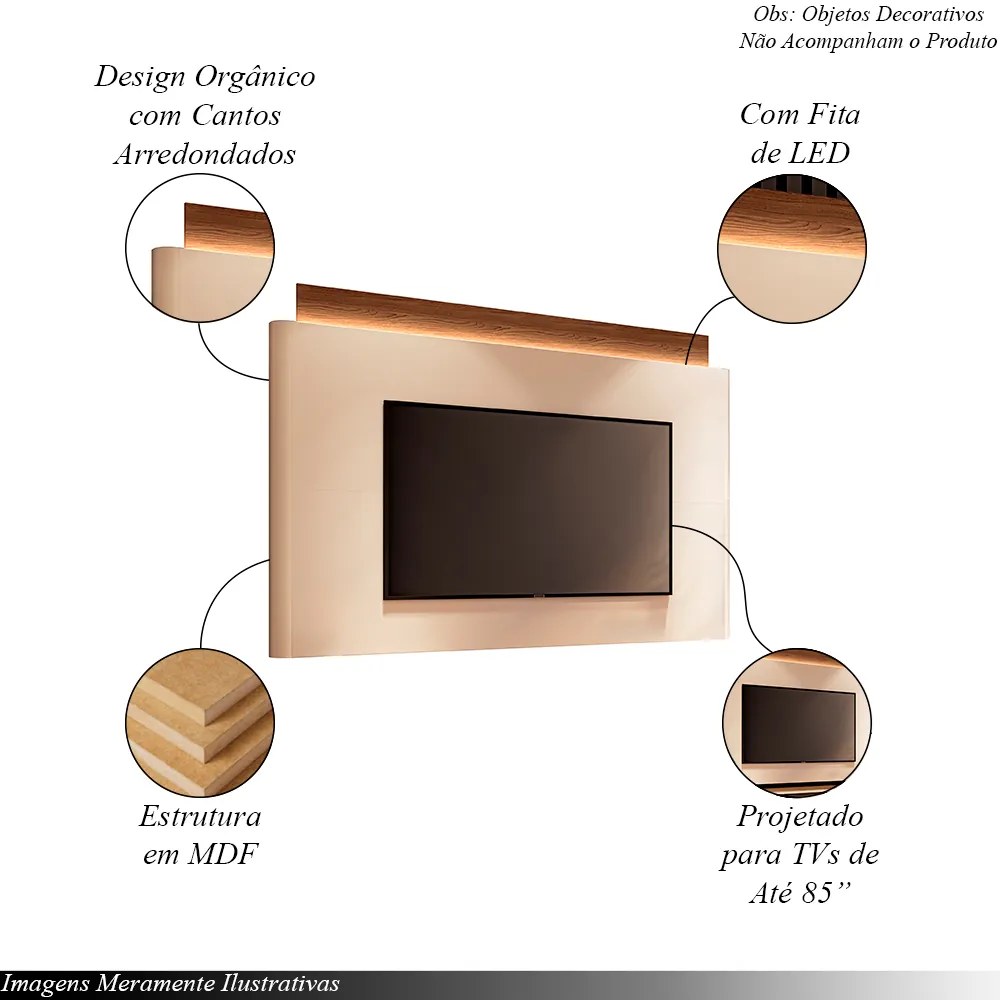 Conjunto Painel Majestade c/LED Bancada Greta TV até 85 Polegadas Off White/Castanho G26 - Gran Belo