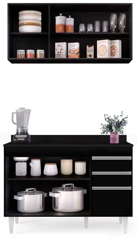 Kit Armário Aéreo e Balcão de Cozinha Lavanderia Dora com Tampo 120 cm - D'Rossi - Preto