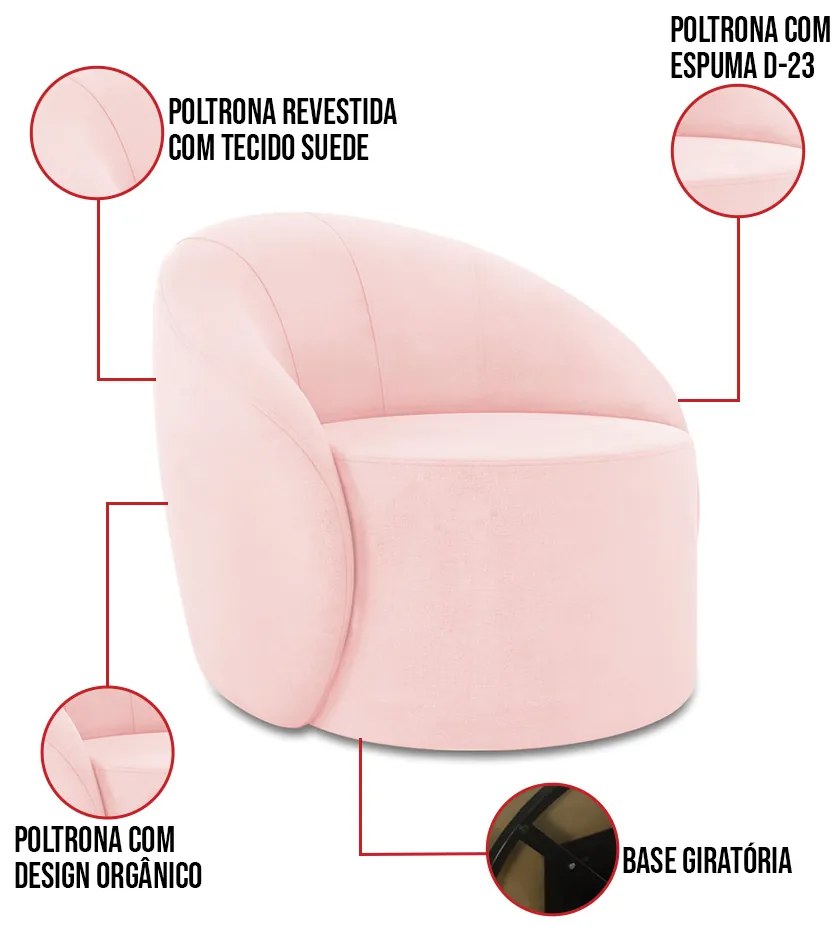 Sofá 4 Lugares Orgânico 220cm Morgan e 2 Poltronas Lua Suede D03 - D'Rossi - Rosa Bebê