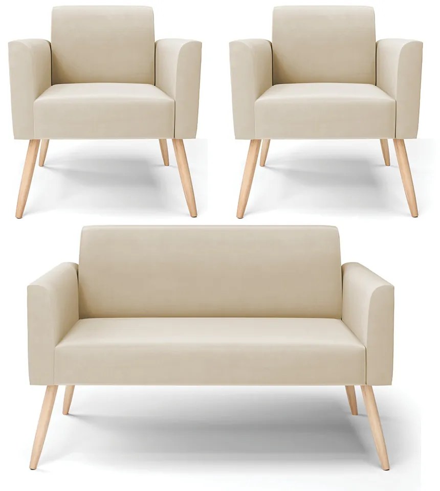 Sofá Namoradeira com 2 Poltronas Pés Palito Natural Marisa Suede D03 - D'Rossi - Bege