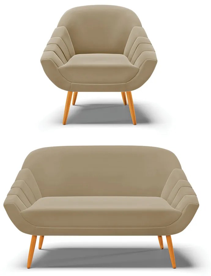 Kit 01 Namoradeira 02 Lugares e 01 Poltrona Giovana Suede Marrom Rato Pés Palito Castanho - D'Rossi