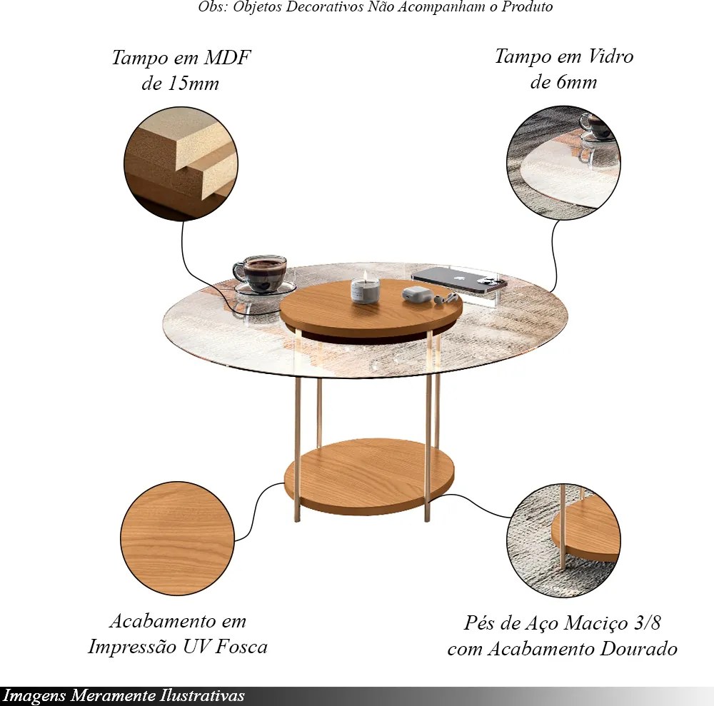 Conjunto Infinity Aparador e 2 Mesas Centro Sky Tampo MDF/Vidro Cinamomo G26 - Hb Móveis