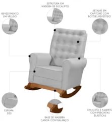 Poltrona Amamentação Base Madeira Balanço Maju Veludo Cinza F03 - Mpoz