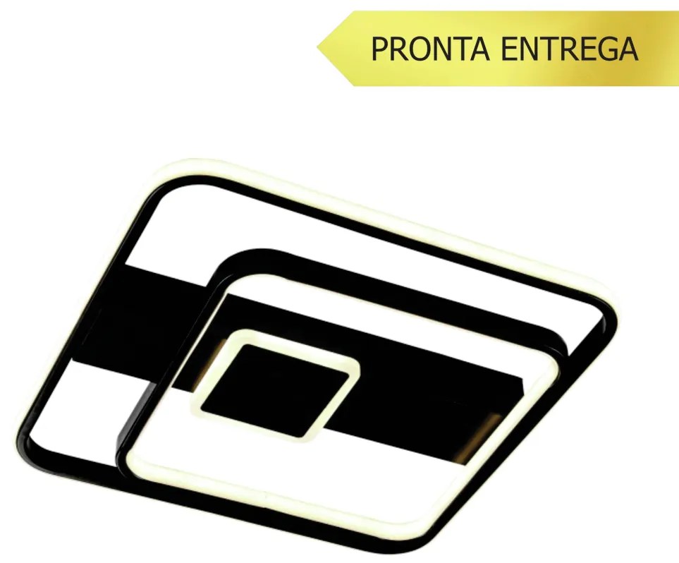 Plafon Chamego Quadrado Aro Duplo Base Retangular 42X42X07Cm Led 50W 3... (Preto)