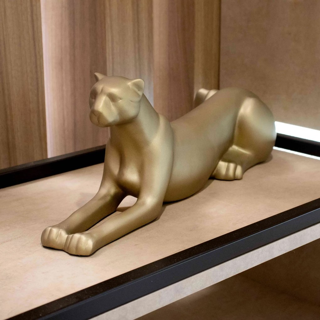 Escultura Decorativa Onça Deitada Ouro Velho Fosco 17,5x52x13 Cm B02 - D'Rossi