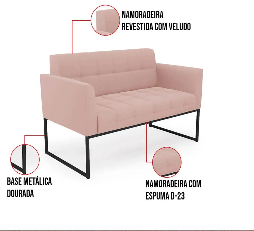 Kit 1 Sofá Namoradeira e 1 Poltrona Elisa Veludo Rosê Base Metálica Industrial Preto D03 - D'Rossi