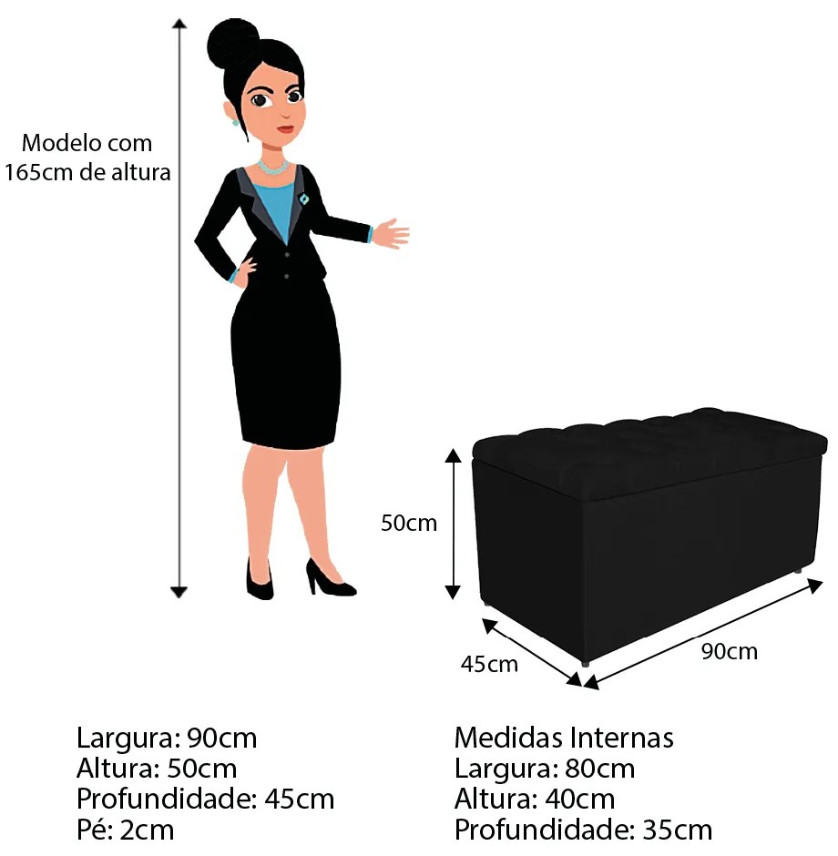 Calçadeira Estofada Liverpool 90 cm Solteiro Corano Preto - ADJ Decor