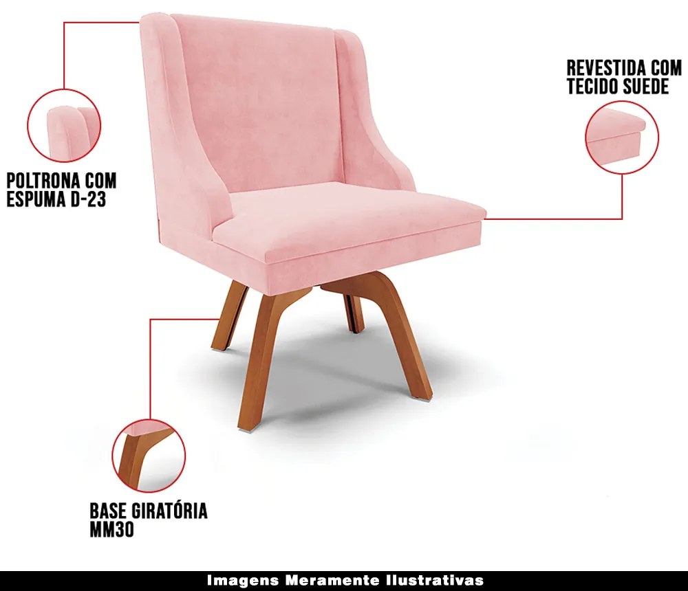 Cadeira Decorativa Sala de Jantar Base Giratória de Madeira Firenze Suede Rosa Bebê/Natural G19 - Gran Belo