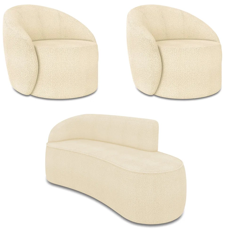 Sofá 3 Lugares Orgânico 180cm Morgan e 2 Poltronas Lua Bouclê Bege D03 - D'Rossi