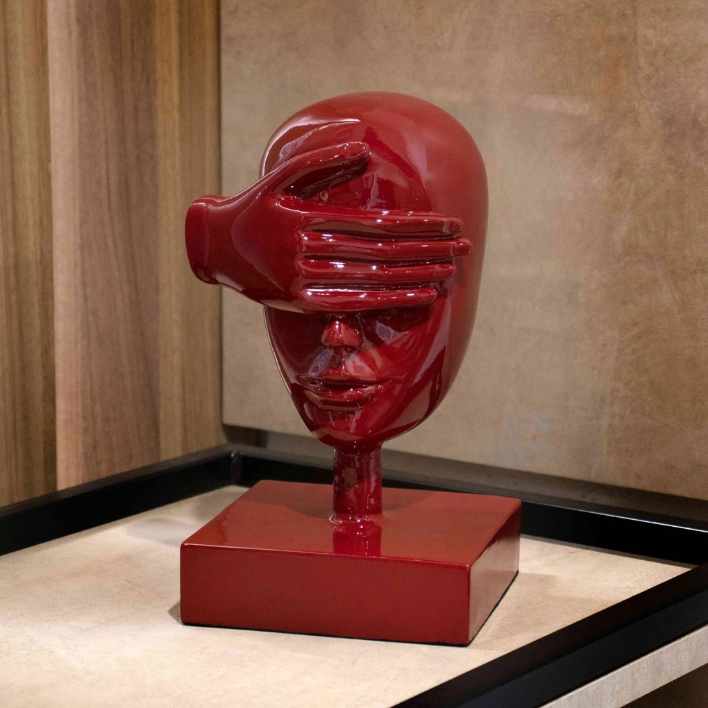 Escultura Máscara Rosto Cego Em Cerâmica Vermelho Ocre 25x15 Cm - D'Rossi