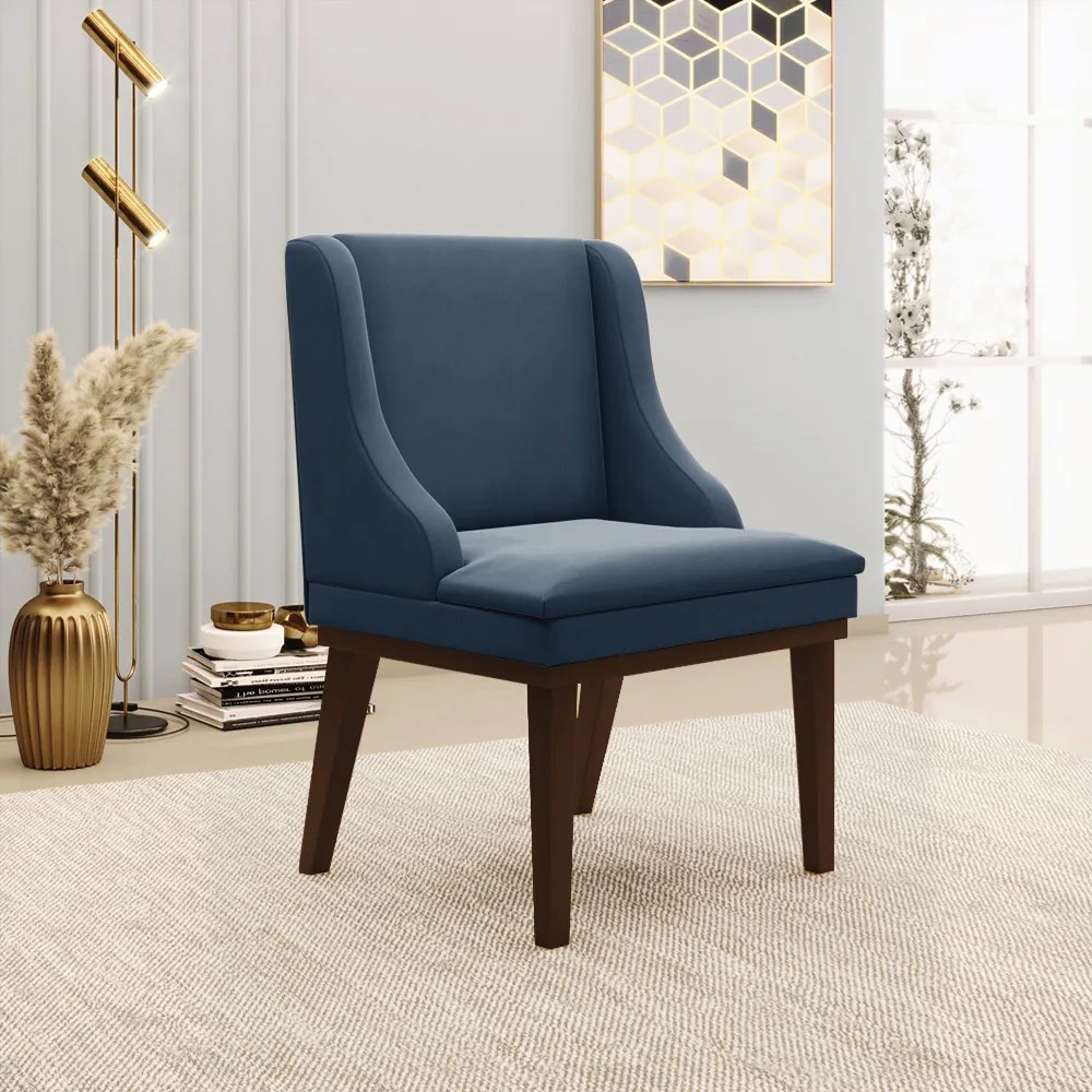 Cadeira de Jantar Liz Suede Base Fixa Madeira Tabaco D03 - D'Rossi - Azul Marinho