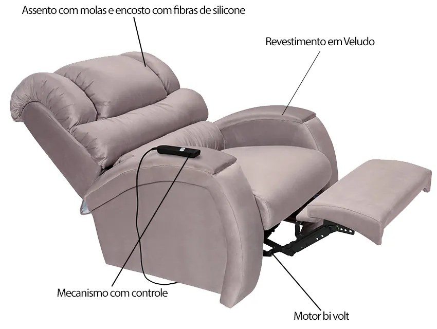 Poltrona do Papai Reclinável Elétrica com Controle Sala de Estar Oasis Veludo Rose G23 - Gran Belo