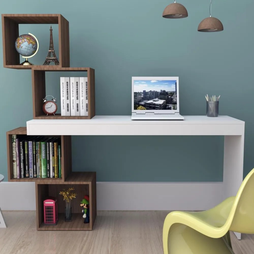 Mesa Escrivaninha 4 Nichos Home Office Castanho e Branco