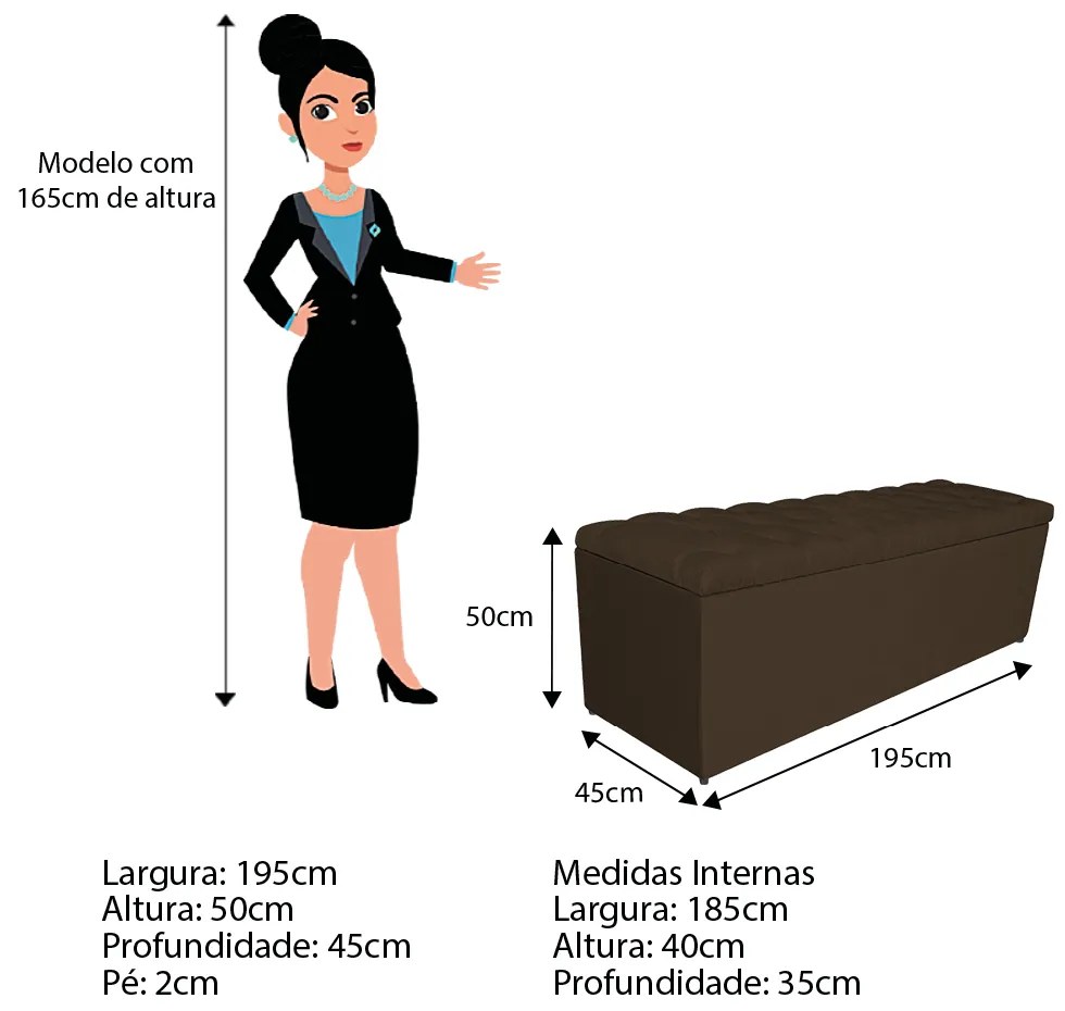 Calçadeira Estofada Liverpool 195 cm King Size Suede Marrom - ADJ Decor
