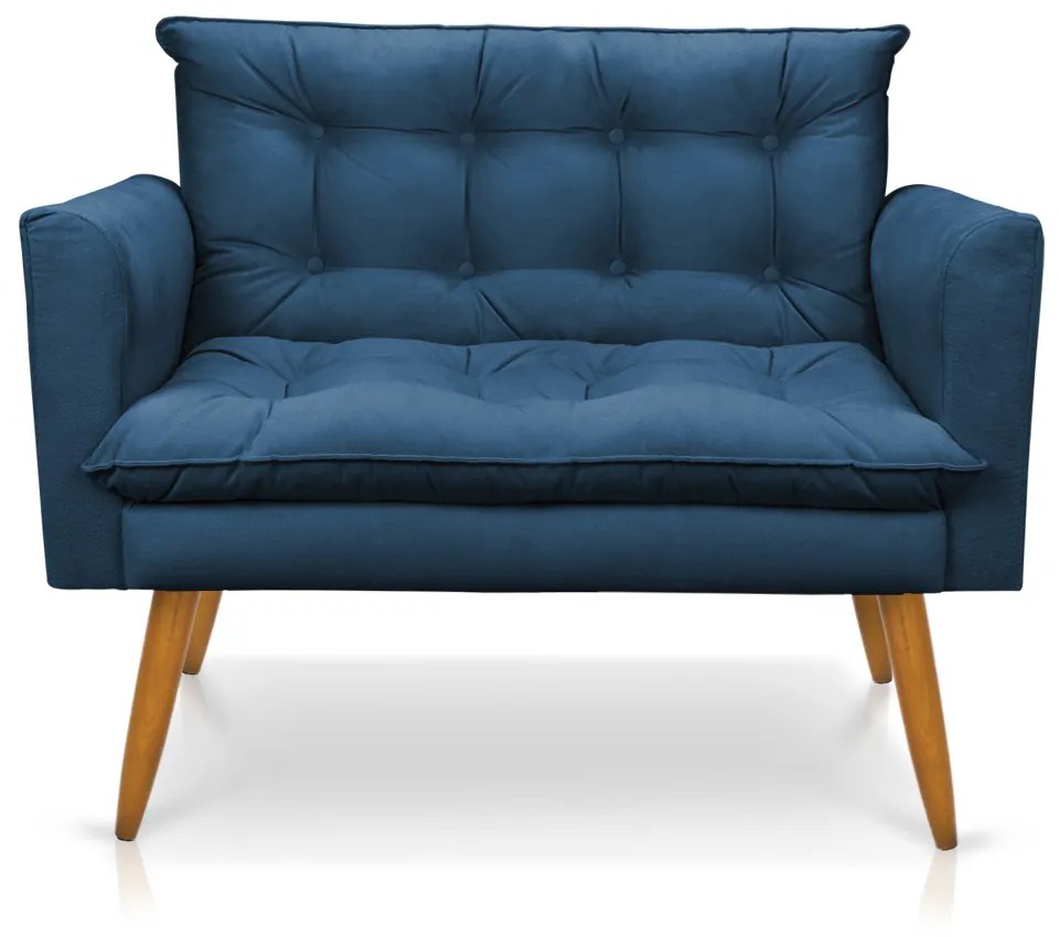 Kit 1 Sofá Namoradeira e 2 Poltronas Tais Suede Azul Marinho Pés Palito Castanho - D'Rossi