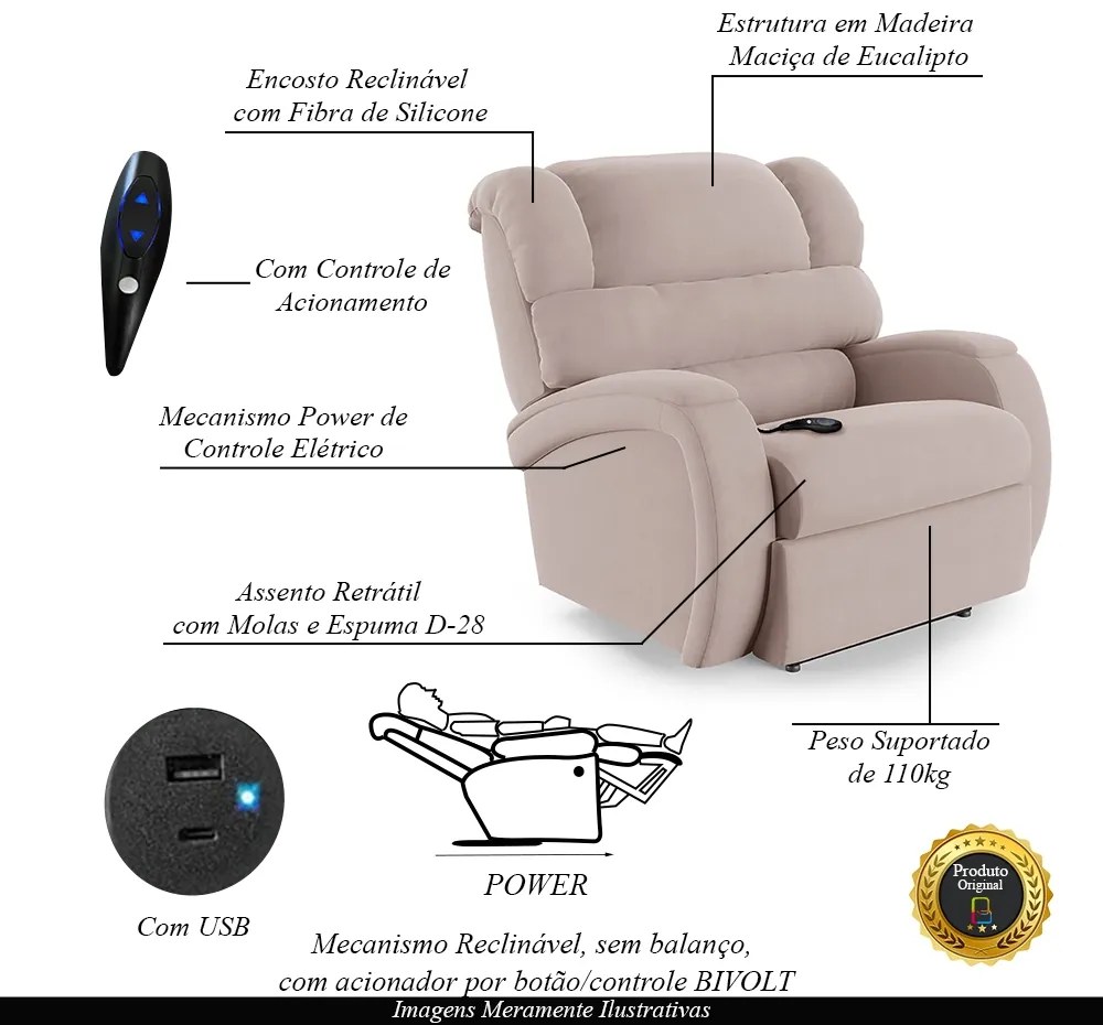 Poltrona do Papai Sala de Cinema Reclinável Kylie Controle Power Elétrico USB Veludo Rosê G23