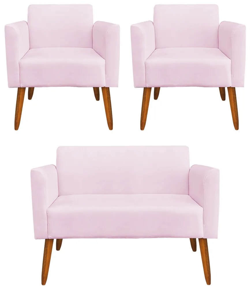 Conjunto Namoradeira e 2 Poltronas Decorativas Isabella Pés Palito Madeira Suede Rosa Bebê G19 - Gran Belo