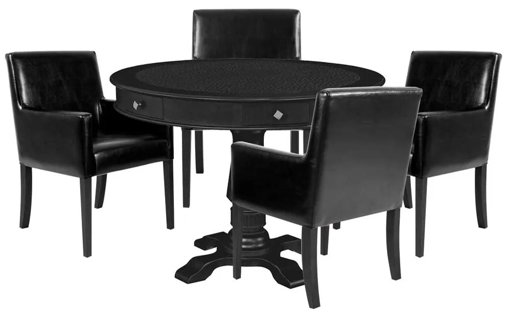 Mesa de Jogos Carteado Redonda Victoria Tampo Reversível Preto com Kit 4 Cadeiras Liverpool PU Sintético Preto Liso G36 G15 - Gran Belo