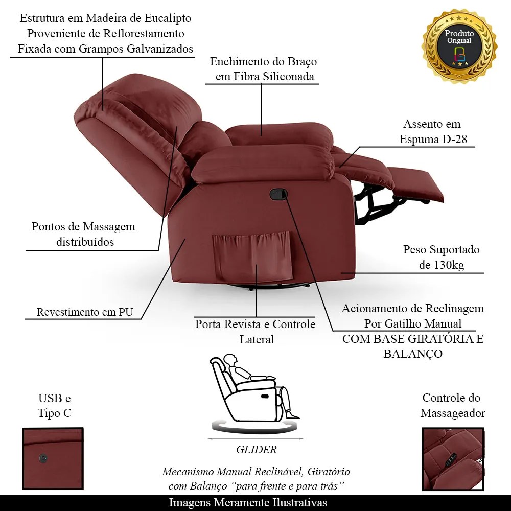Poltrona do Papai Reclinável Sala de Cinema Madrid Glider Manual Giratória Massagem USB PU Vermelho G23
