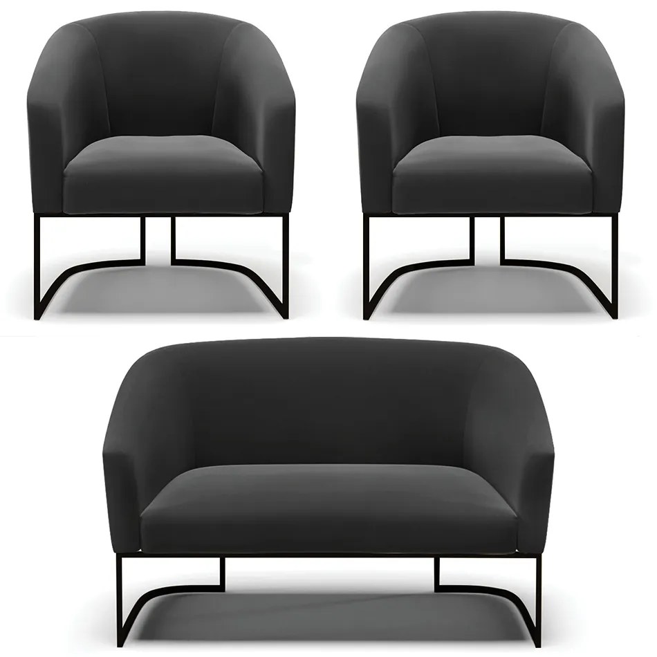 Namoradeira e 2 Poltronas Industrial Preto Stella Suede D03 - D'Rossi - Preto