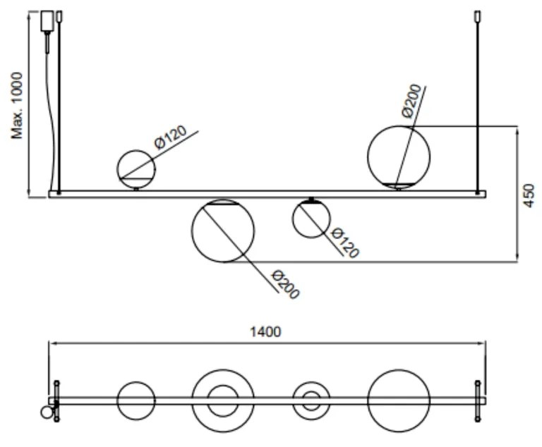 Pendente Organic Horizontal 20X10X140Cm Alumínio E Globo Ø12Cm / Ø20Cm... (ND-B - Nude Brilho)