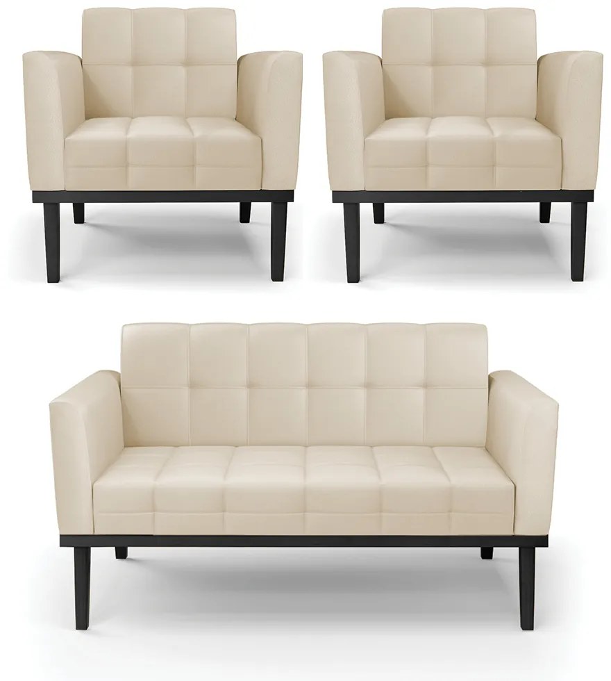 Conjunto 2 Poltronas e 1 Namoradeira Decorativa Karen Pés Fixo em Madeira Preto PU Bege G19 - Gran Belo