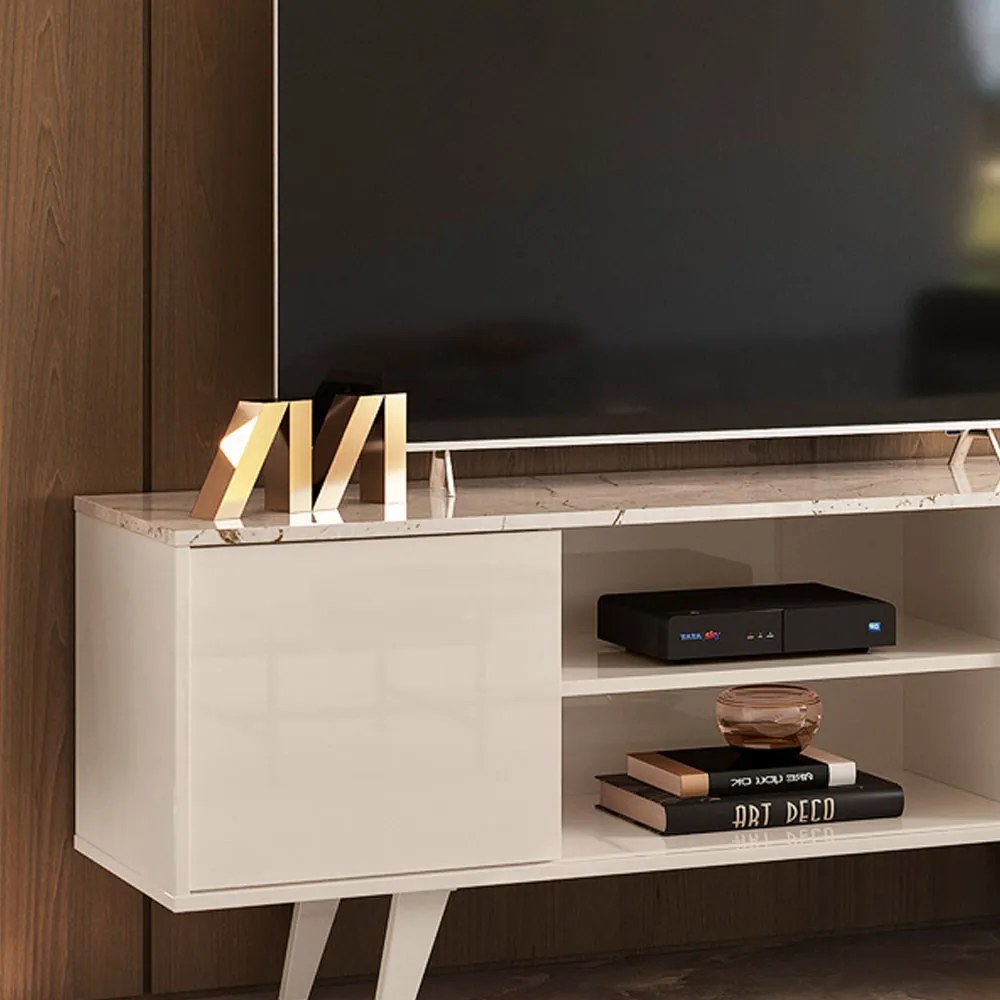 Rack TV 50 Pol 136cm Bancada para Sala Korelli Calacata/Off White M20 - D'Rossi