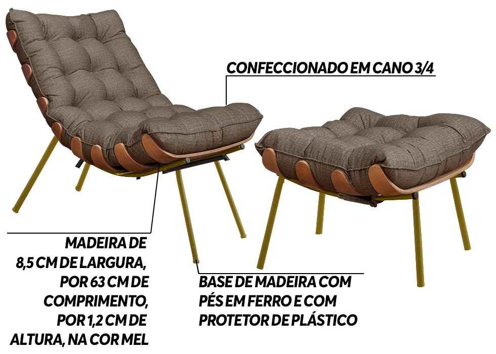 Conjunto Decorativo Poltrona e Puff Abel Base de Madeira Dourada Linho Marrom G41 - Gran Belo
