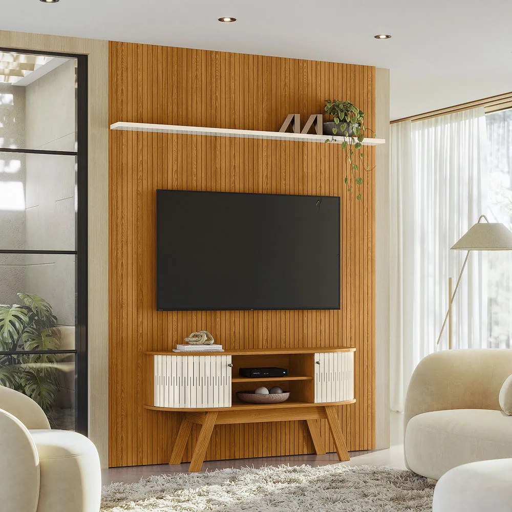 Conjunto Painel e Bancada Troia 2 Portas Deslizantes MDP Pintura UV até 65 Cinamomo/OffWhite G97 - Gran Belo