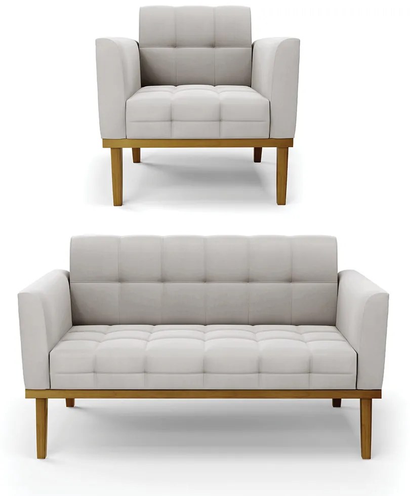 Conjunto Poltrona e Namoradeira Decorativas Karen Pés Fixo em Madeira Castanho Veludo Cinza G19 - Gran Belo