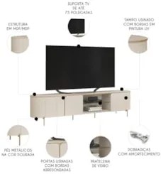 Rack Bancada de TV 75 Pol 241cm Ariane D04 Off White/Dourado - Mpozena