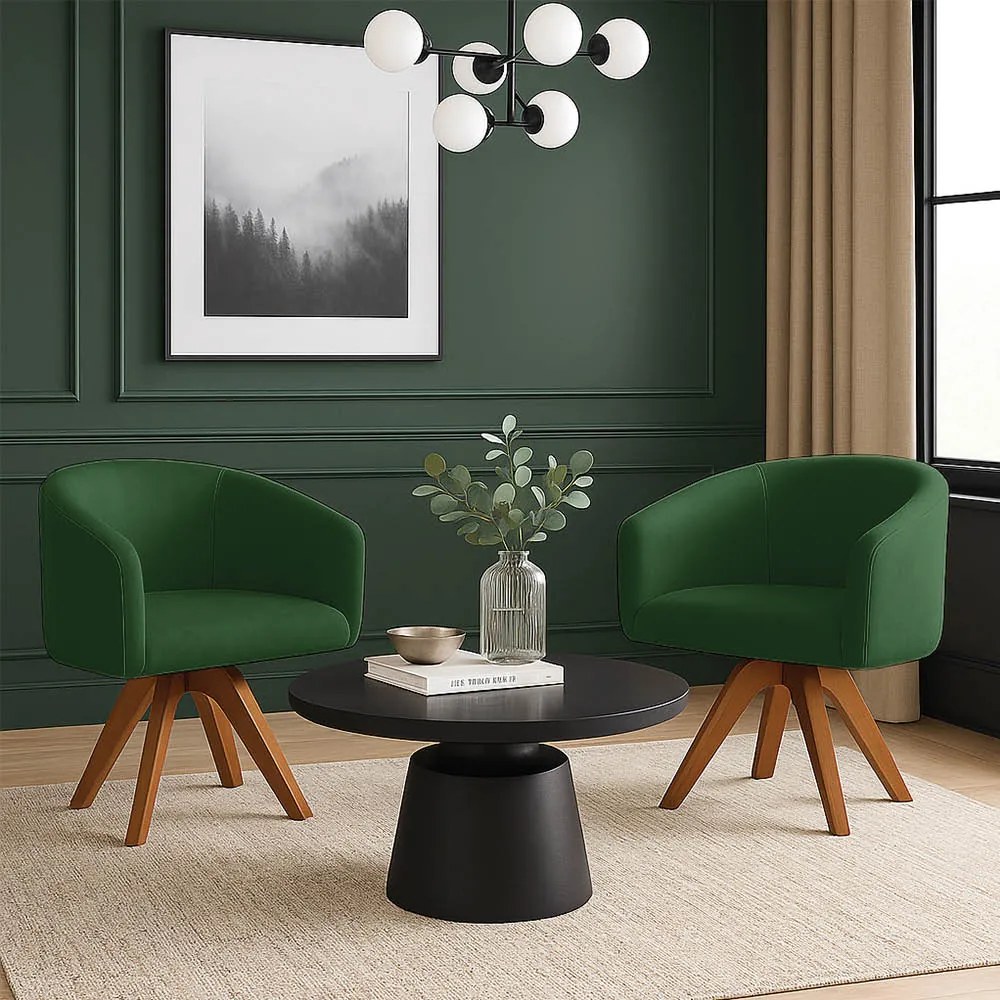 Poltrona Sala Base Giratória Madeira Kit 2 Arielle Suede D03 - D'Rossi - Verde