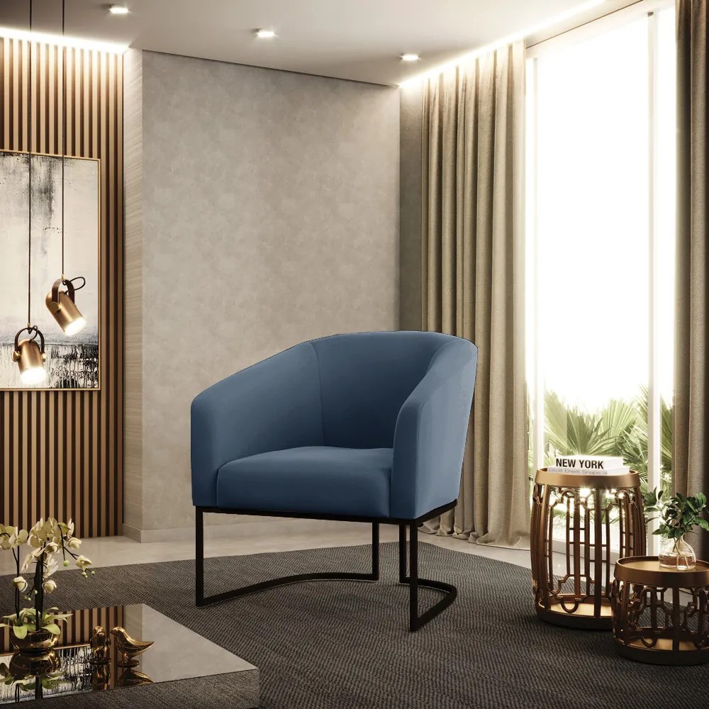 Poltrona Decorativa Base Industrial Preto Stella Suede Azul Marinho D03 - D'Rossi