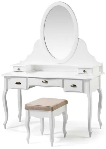Penteadeira Elegance Laca Branca Com Banqueta Linho Bege Pes Luiz XV - 58863 Sun House