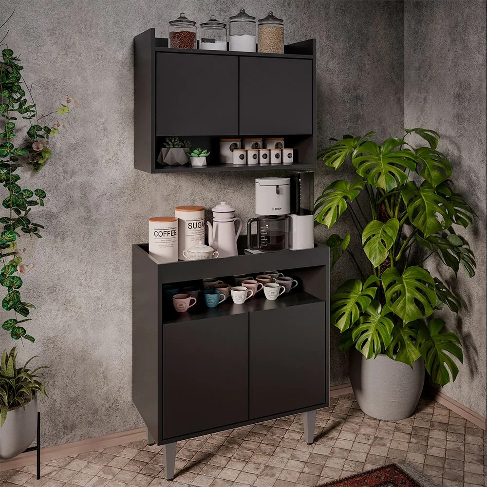 Conjunto Armário Cantinho do Café Chico 2 Portas com Aéreo Preto G96 - Gran Belo