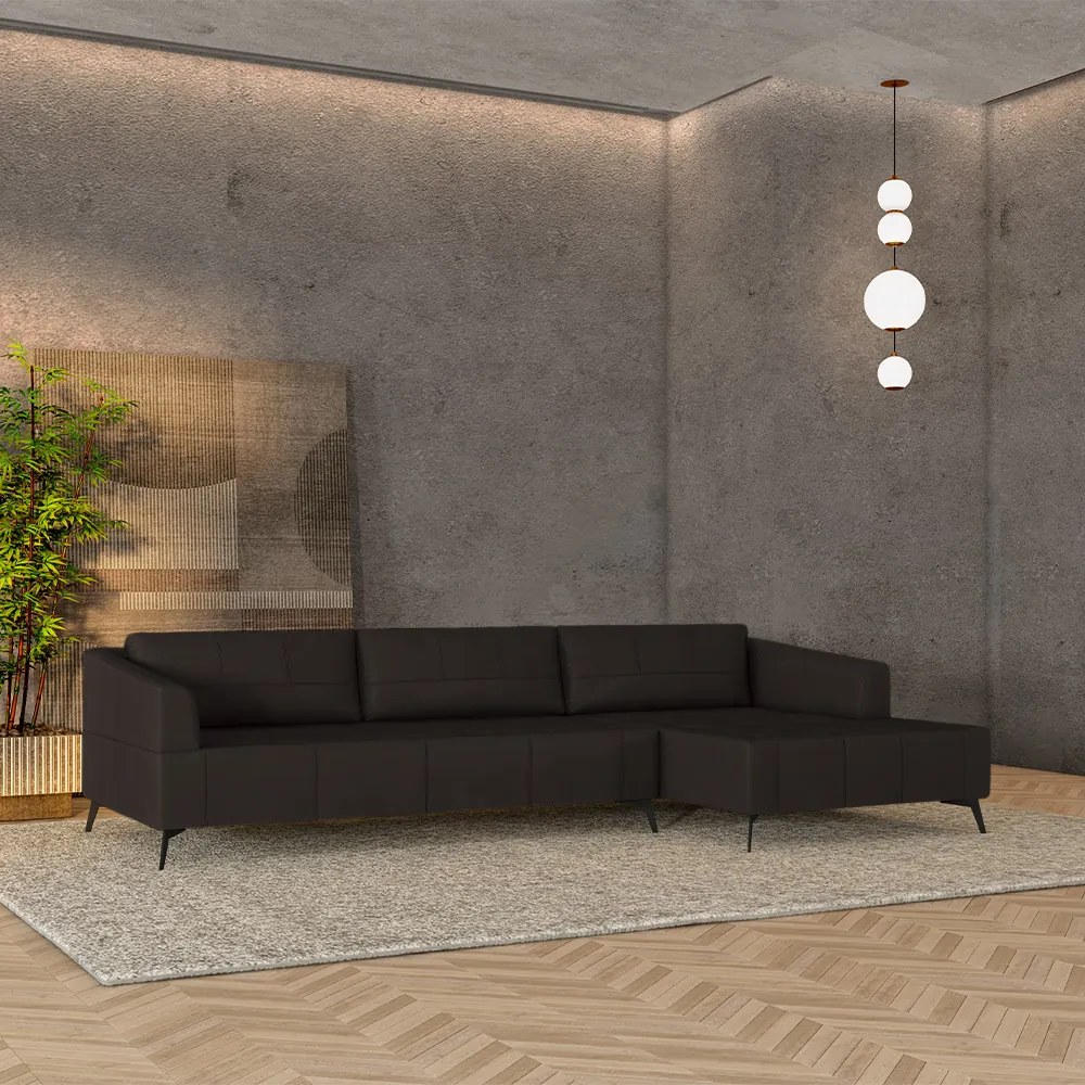 Sofá Bipartido Sala de Estar Kiara 352cm Chaise Direito Pés de Ferro Couro Marrom G52 - Gran Belo