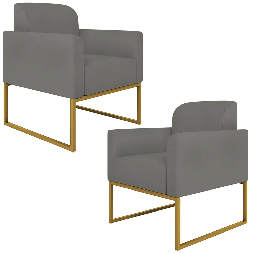 Kit 2 Poltronas Decorativas Isabella Base Industrial Suede Grafite/Dourado G19