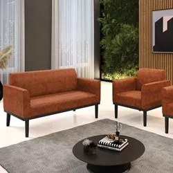 Sofá Namoradeira e 1 Poltrona Base Madeira Preto Maressa Sintético PU