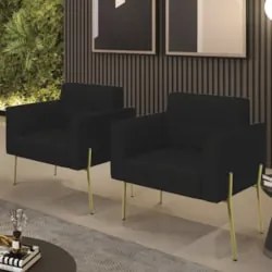 Poltrona Para Sala Pé Metal Dourado Kit 2 Ana Linho Preto - Ibiza