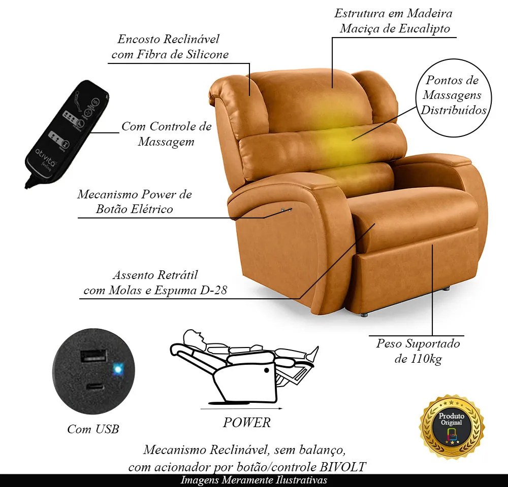 Poltrona do Papai Sala de Cinema Reclinável Kylie Power Touch Massagem USB PU Whisky G23