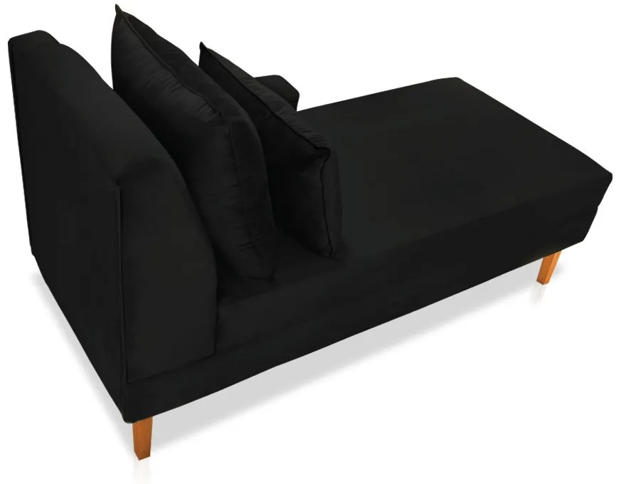 Divã Chaise Chloe 160 cm Veludo Preto Pés Chanfrado Castanho - D'Rossi