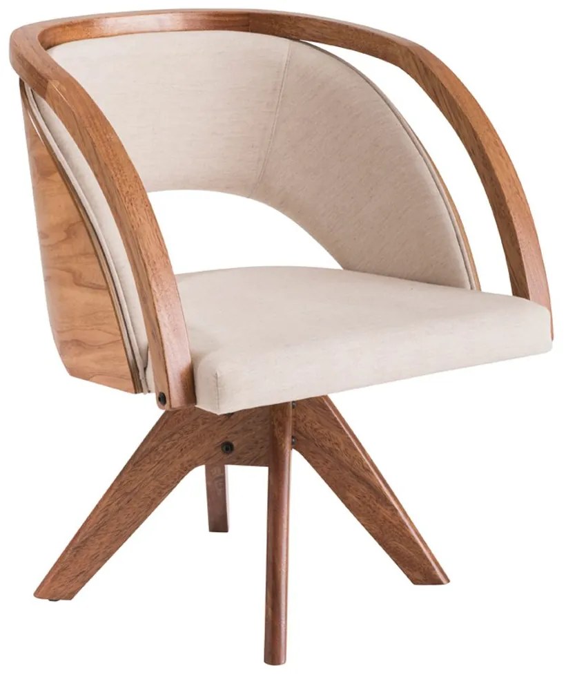 Poltrona Decorativa Giratória Sala de Estar Madeira Tauari Flor Linho Bege G65 - Gran Belo