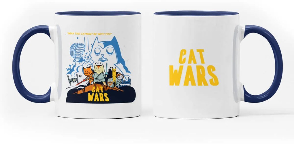 Caneca Cat Wars Geek Nerd Branca com Alça Azul Escuro