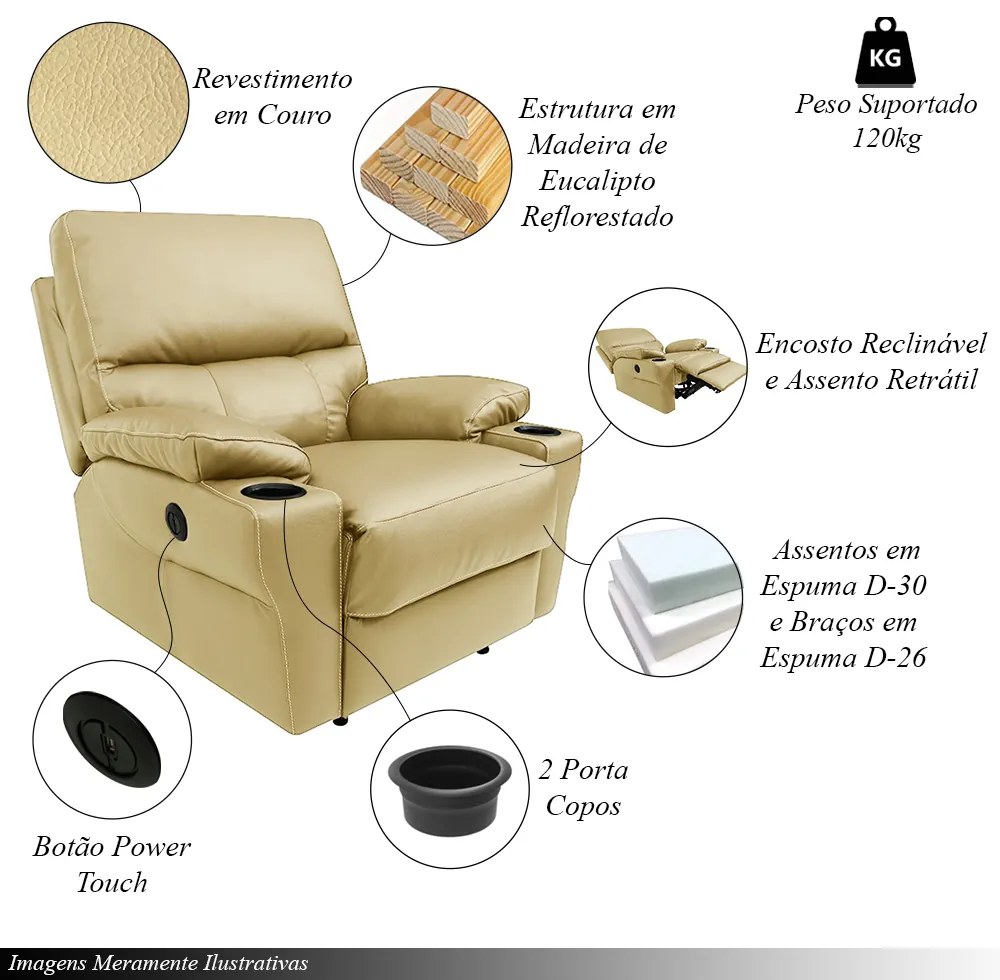 Poltrona do Papai Sala de Cinema Mia Reclinável Retrátil Power Elétrico Base Fixa Couro Bege G40 - Gran Belo