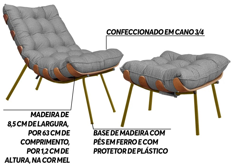 Conjunto Decorativo Poltrona e Puff Abel Base de Madeira Dourada Linho Cinza G41 - Gran Belo
