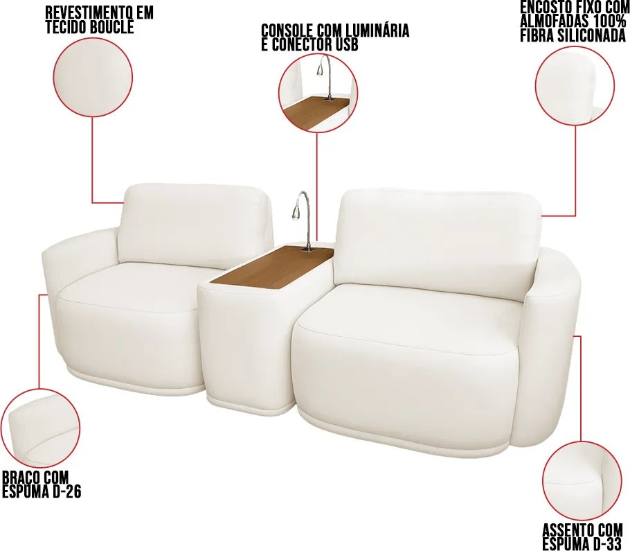 Sofá Sala Modulado 231cm com Console USB Luminária Brumma Bouclê K01 - D'Rossi - Off White