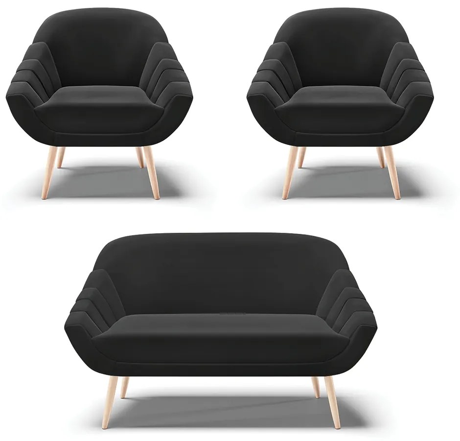 Kit 01 Namoradeira 02 Lugares e 02 Poltronas Giovana Suede Preto Pés Palito Natural - D'Rossi