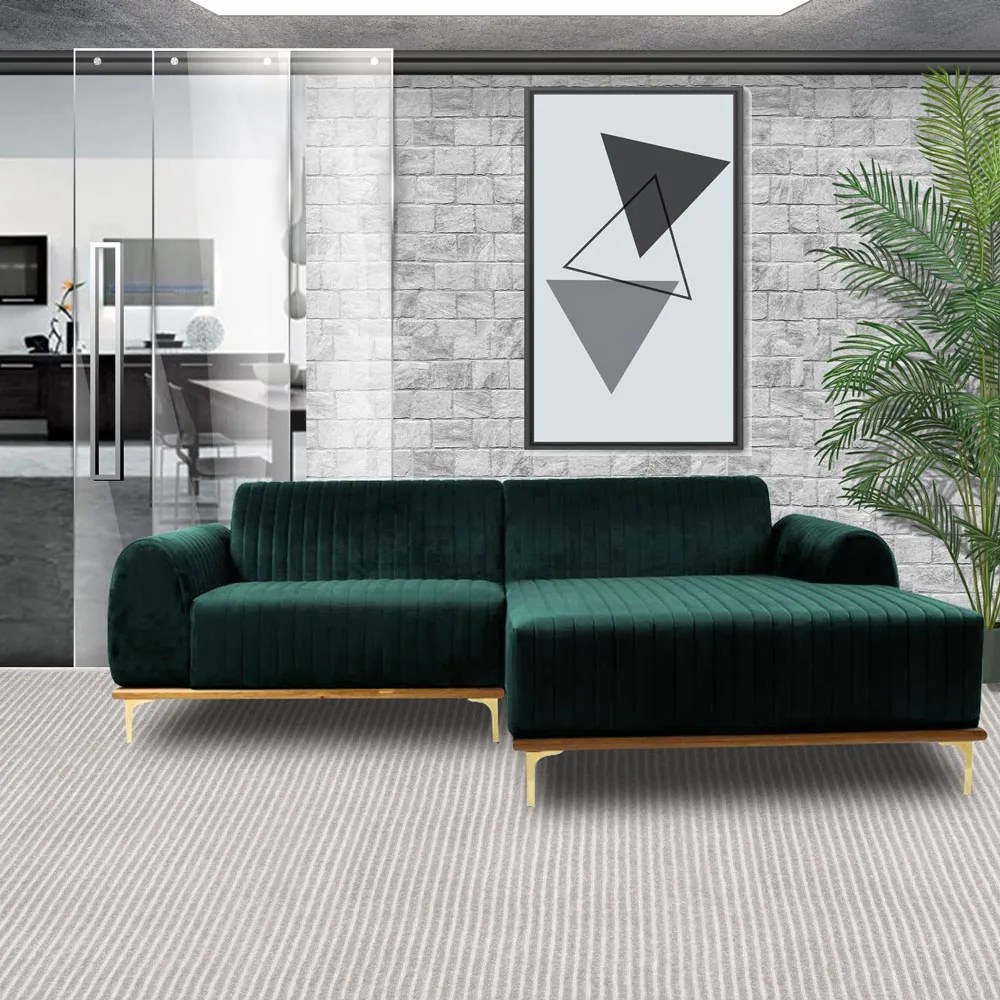 Sofá 3 Lugares Bipartido com Chaise Lado Esquerdo Base de Madeira Euro 245 cm Veludo Verde G15 - Gran Belo