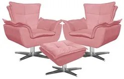 Kit 2 Poltronas Decorativas Base Giratória Cromada com Puff Opla Suede