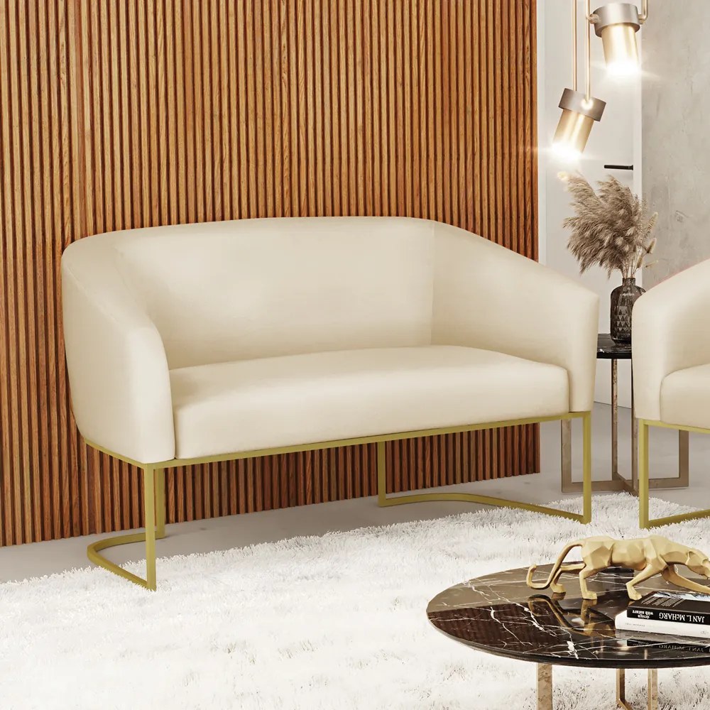 Sofá 2 Lugares Namoradeira Industrial Dourado Stella Sintético D03 - D'Rossi - Bege